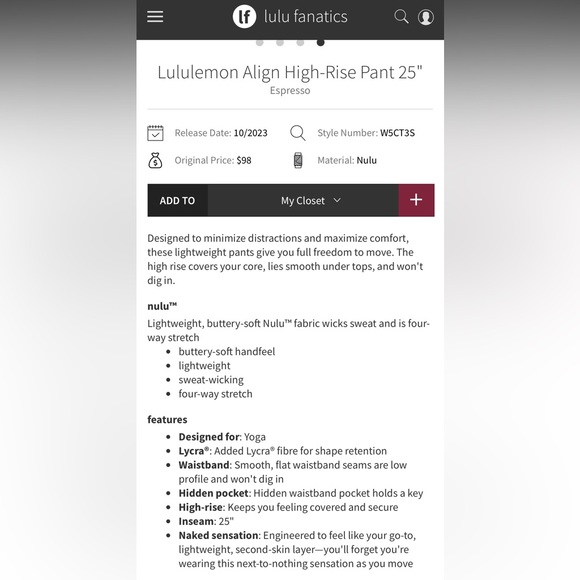 Lululemon align pant- retail $98 - high rise 25” length brown espresso - Picture 10 of 10